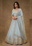 Pastel Blue Embroidered Lehenga Set with Net Dupatta