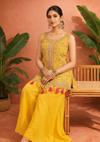 Women Yellow Embroidered Kurta Sharara Set