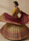 Mustard Yellow with Maroon Dupatta & Multi-Color Design