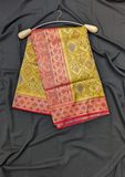 Mustard Green Art Silk Saree with Red Zari Border & Blouse