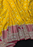 Mustard Yellow Art Silk Saree with Pink Zari Border & Pink Blouse