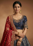 Navy Blue Designer Lehenga Choli with Red Dupatta & Zari Work