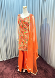 Orange Floral Embroidered Kurta Palazzo Set