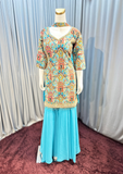 Turquoise Ethnic Printed Kurta Sharara Set