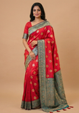Red Banarasi Silk Saree with Teal Blue Zari Border