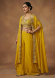 Mustard Crop Top Palazzo Set with Embroidered Cape