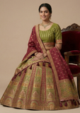 Green with Maroon Dupatta & Traditional Ethnic Printed Lehenga Choli for Women