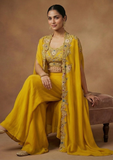 Mustard Crop Top Palazzo Set with Embroidered Cape