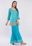 Blue Designer Sharara Suit for Women with Golden Zari Work & Dupatta