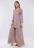 Lavender Designer Sharara Suit for Women with Multi Embroidery Work & Dupatta