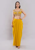 Yellow Indo Western Dress for Women with Shrug Style Dupatta & Designer Crop Top Palazzo Set