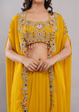 Yellow Indo Western Dress for Women with Shrug Style Dupatta & Designer Crop Top Palazzo Set