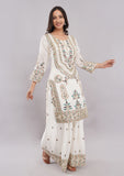 White Heavy Sharara Suit with Mirror, Zari & Stone Work With Dupatta