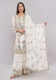 White Heavy Sharara Suit with Mirror, Zari & Stone Work With Dupatta