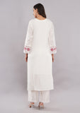 White Floral Printed Cotton Pant Suit with Dupatta