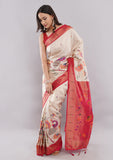 Multicolor Floral Silk Saree with Red Woven Border