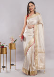 Cream Self Design Silk Saree with Golden Stone Work Border