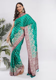 Sea Green Banarasi Silk Saree with Hot Pink Zari Border & Designer Pallu