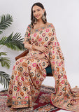 Multicolour Silk Pashmina Designer Saree with Ornate Border & Stitched Blouse
