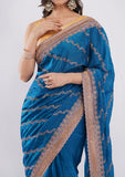 Teal Blue Fandy Silk Saree with Stone Work Border