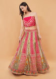 Multicolor Banarasi Silk Lehenga Choli with Zari Handwork & Net Dupatta