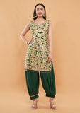 Mehndi Green Afghani Salwar Suit with Floral Print & Sequins Work With Dupatta