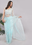 Firozi Fandy Silk Saree with Handwork & Sequins Detailing