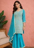 Teal Blue Heavy Embroidered Kurta Sharara Set
