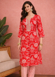 Red Printed Kurta Pant Set with Dupatta