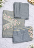 Grey Floral Embroidered Dress Material Set