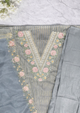 Grey Floral Embroidered Dress Material Set