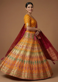 Mustard Yellow & Rani Pink Festive Lehenga Choli with Zari Weaving