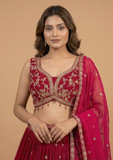Designer Red Crop Top Skirt Set with Zari Embroidery