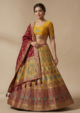 Mustard Yellow with Maroon Dupatta & Multi-Color Design