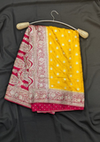 Mustard Yellow Art Silk Saree with Pink Zari Border & Pink Blouse