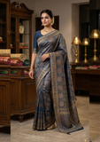 Navy Blue Art Silk Saree with Golden Buti Work & Rich Zari Border
