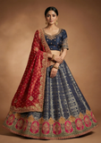 Navy Blue Designer Lehenga Choli with Red Dupatta & Zari Work