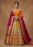 Mustard Yellow & Pink Designer Lehenga Choli with Multi-Color Weaving