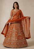 Orange Bridal Lehenga Set with Heavy Embroidery & Net Dupatta