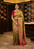 Mustard Green Art Silk Saree with Red Zari Border & Blouse