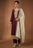 Maroon Straight Suit Set with Embroidered Dupatta