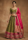 Olive Green & Rani Pink Zari Border Lehenga Choli with Ethnic Design