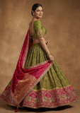 Olive Green & Rani Pink Zari Border Lehenga Choli with Ethnic Design