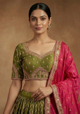 Olive Green & Rani Pink Zari Border Lehenga Choli with Ethnic Design