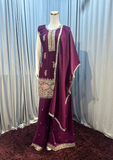Wine Purple Embroidered Kurta Sharara Set