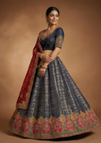 Navy Blue Designer Lehenga Choli with Red Dupatta & Zari Work