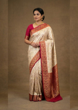 Cream & Red Art Silk Banarasi Style Saree with Rich Zari Border