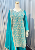 Teal Blue Heavy Embroidered Kurta Sharara Set