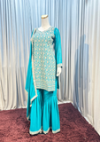 Teal Blue Heavy Embroidered Kurta Sharara Set