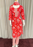 Red Printed Kurta Pant Set with Dupatta